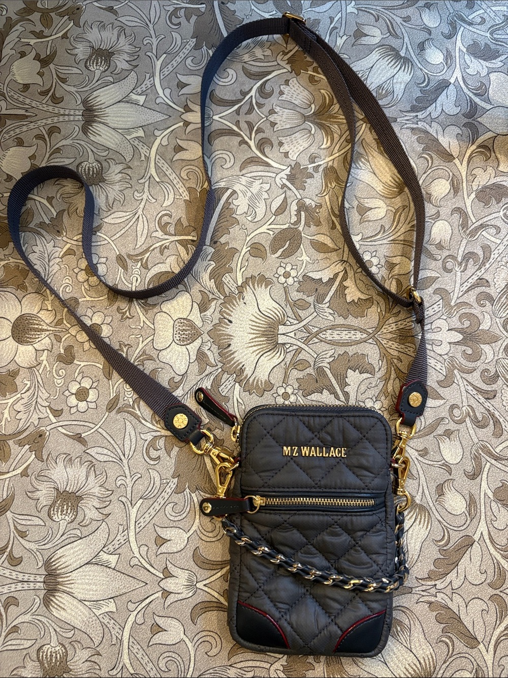 MZ Wallace Quilted Grey Crossbody Phone Pouch with Gold Hardware - magnet